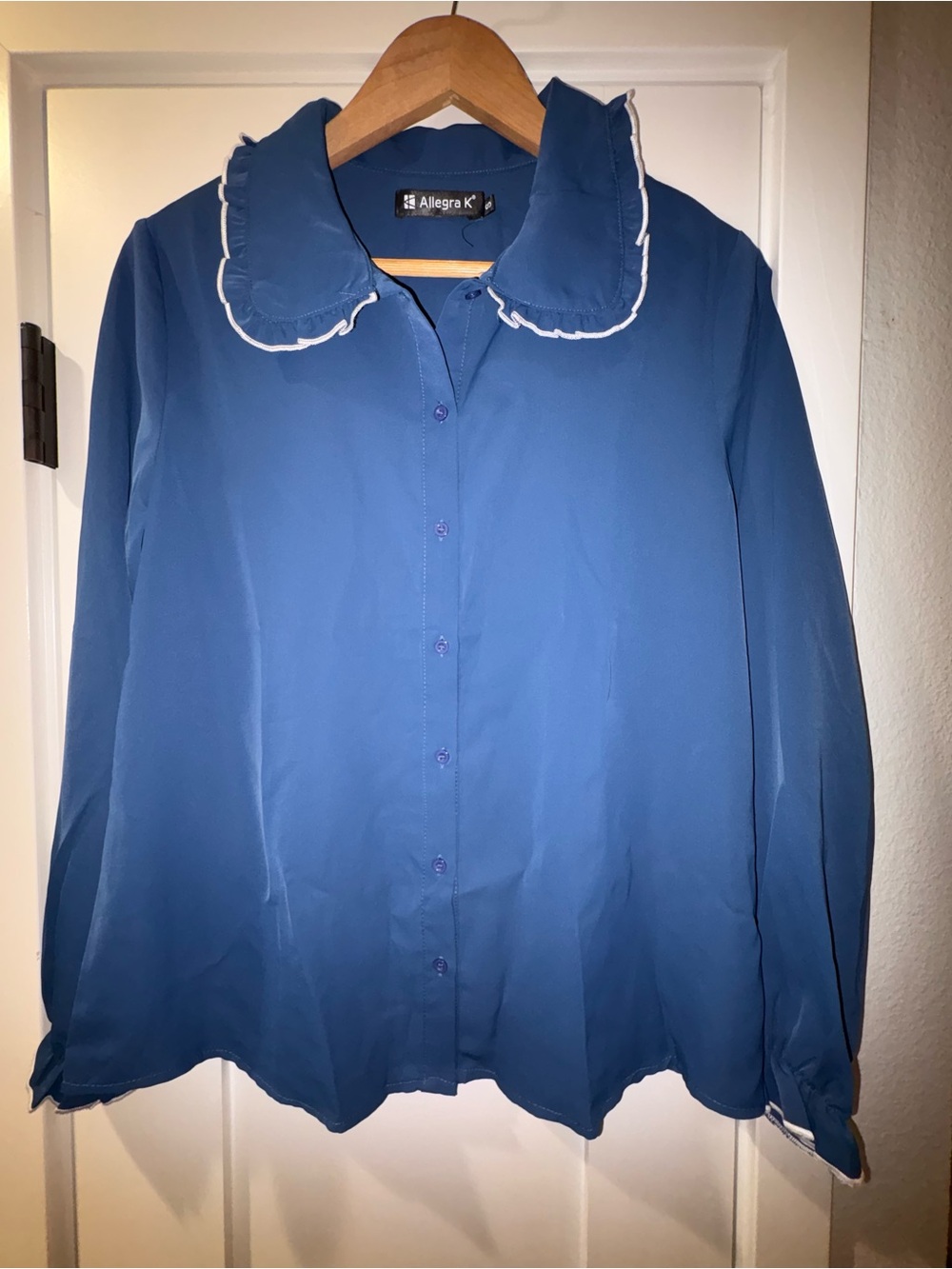 Allegra K Navy Blue Ruffle-Trim Button Front Blouse